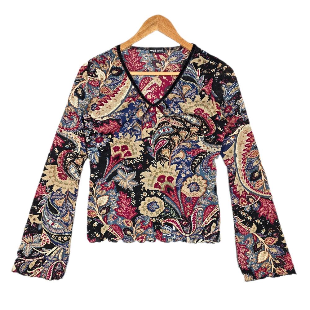 WET SEAL WOMEN'S FLORAL PAISLEY V‑NECK BLOUSE – MULTICOLOR – SIZE MEDIUM - Picture 3 of 13